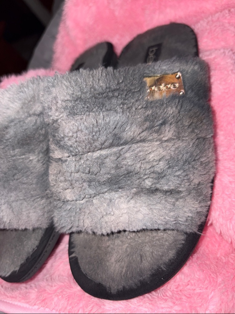 bebe Gray Plush Slide Slippers - Picture 2 of 5